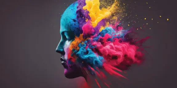 Colorful abstract explosion emanating from a silhouette of a woman's profile, blending vibrant hues of blue, pink, and yel...