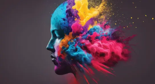 Colorful abstract explosion emanating from a silhouette of a woman's profile, blending vibrant hues of blue, pink, and yel...