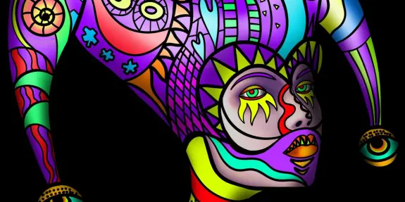 Colorful abstract jester face with vibrant patterns and exaggerated features against a black background.