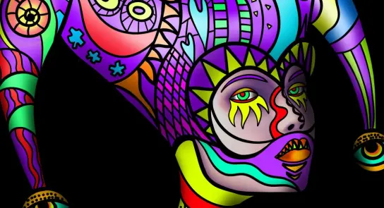 Colorful abstract jester face with vibrant patterns and exaggerated features against a black background.