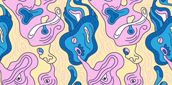 Colorful abstract pattern featuring flowing shapes in pink, blue, and yellow, creating a whimsical, surreal design.