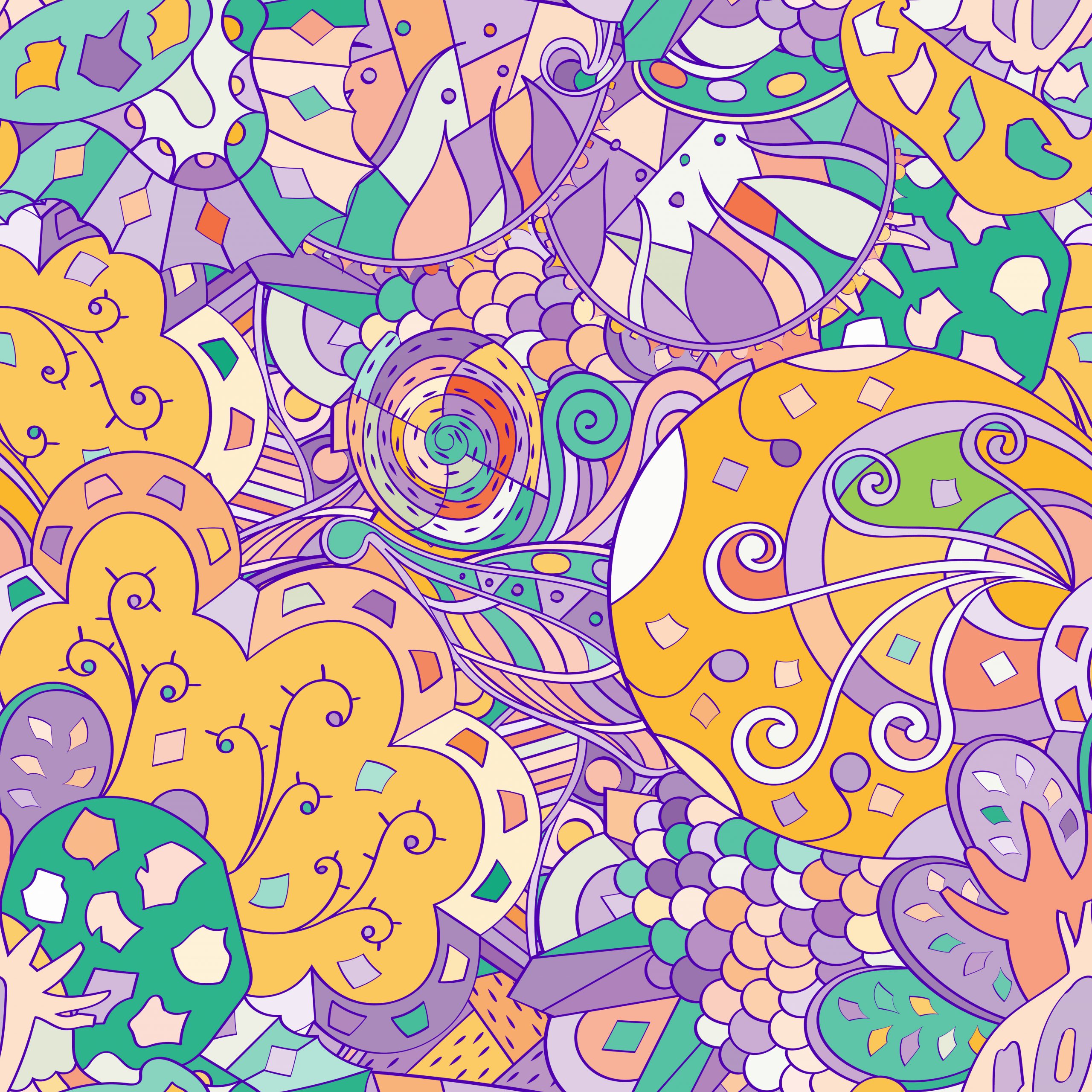 Colorful abstract pattern featuring swirling shapes, leaves, and whimsical designs in pastel hues of purple, yellow, and g...