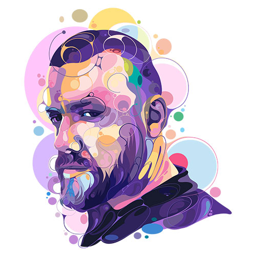Colorful abstract portrait of a man with a beard, surrounded by vibrant circles and swirls in various hues.