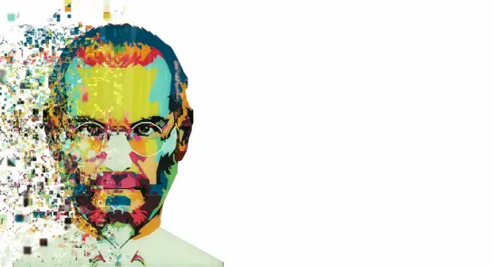 Colorful, abstract portrait of a man with a fragmented digital effect on one side, set against a white background.