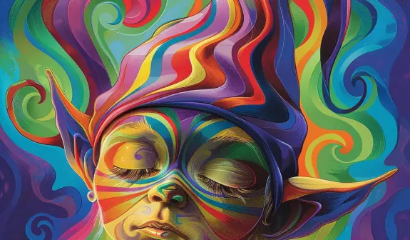 A colorful, abstract portrait of a person with vibrant face paint and flowing, multicolored hair against a swirling backgr...