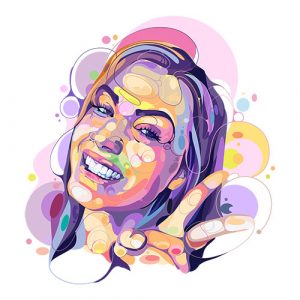 Colorful, abstract portrait of a smiling woman making a peace sign, surrounded by vibrant, circular patterns.