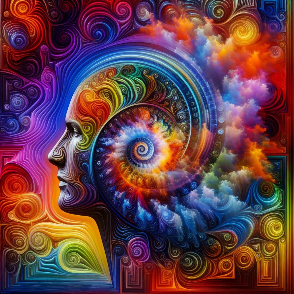 Colorful abstract portrait with a swirling spiral pattern, blending vibrant hues and cloud-like shapes around a human silh...