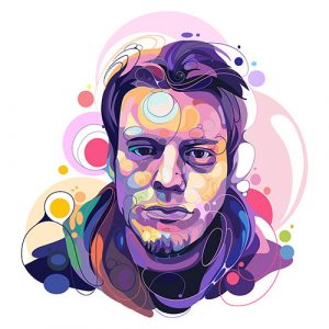 Colorful abstract portrait of a young man, featuring vibrant swirls and geometric shapes in shades of purple and pink.