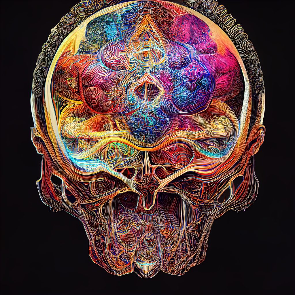 Colorful, abstract rendering of a skull with intricate patterns highlighting brain structures against a black background.