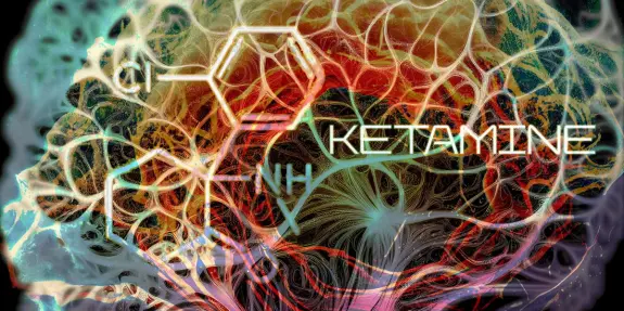 Colorful abstract representation of a brain with a ketamine molecular structure overlay.
