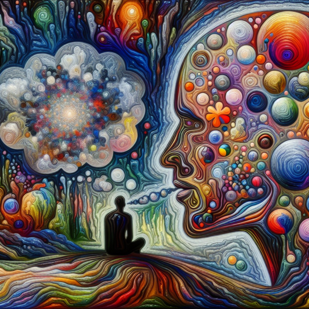 A colorful, abstract scene depicting a silhouette meditating, with vibrant swirls and patterns emanating from a large, tho...