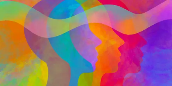 Colorful abstract silhouettes of faces overlapping, creating a vibrant, harmonious blend of hues.
