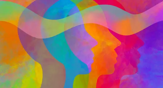 Colorful abstract silhouettes of faces overlapping, creating a vibrant, harmonious blend of hues.