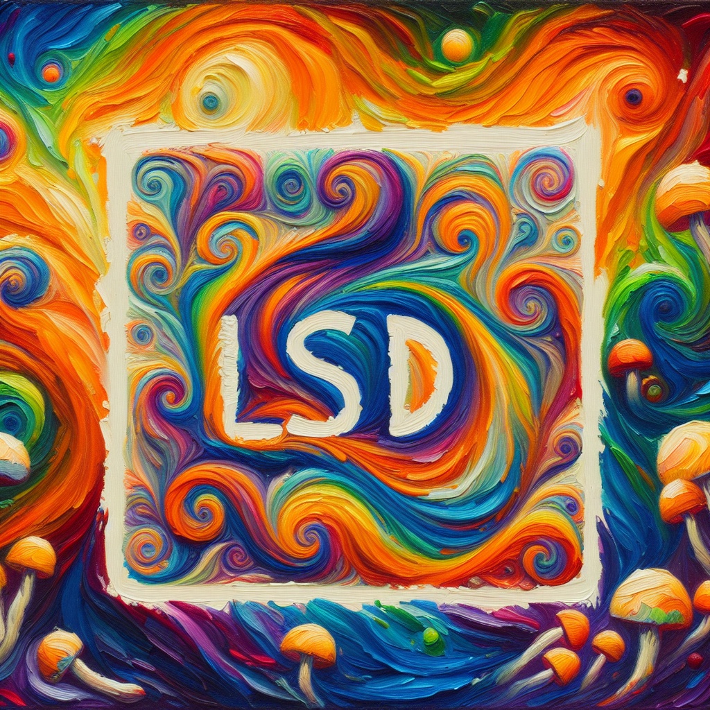Colorful abstract swirls with vibrant hues, featuring the letters "LSD" and mushrooms, evoking psychedelic themes.