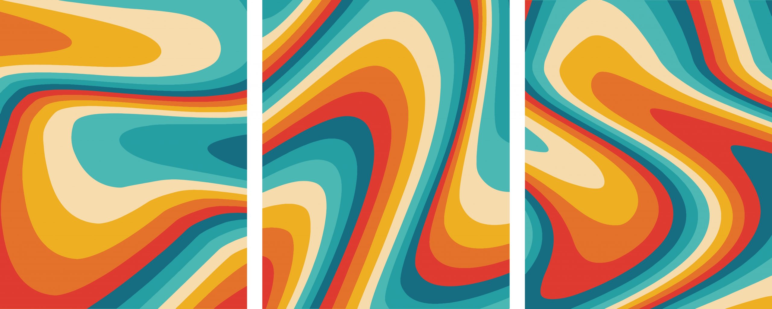 Colorful abstract waves in vibrant shades of orange, red, teal, and cream, creating a dynamic, flowing pattern.