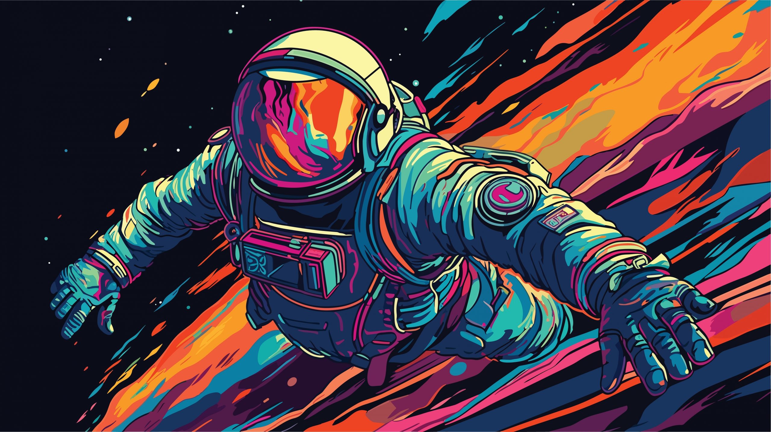 Colorful astronaut floating through space, surrounded by vibrant cosmic flames and swirling stars.