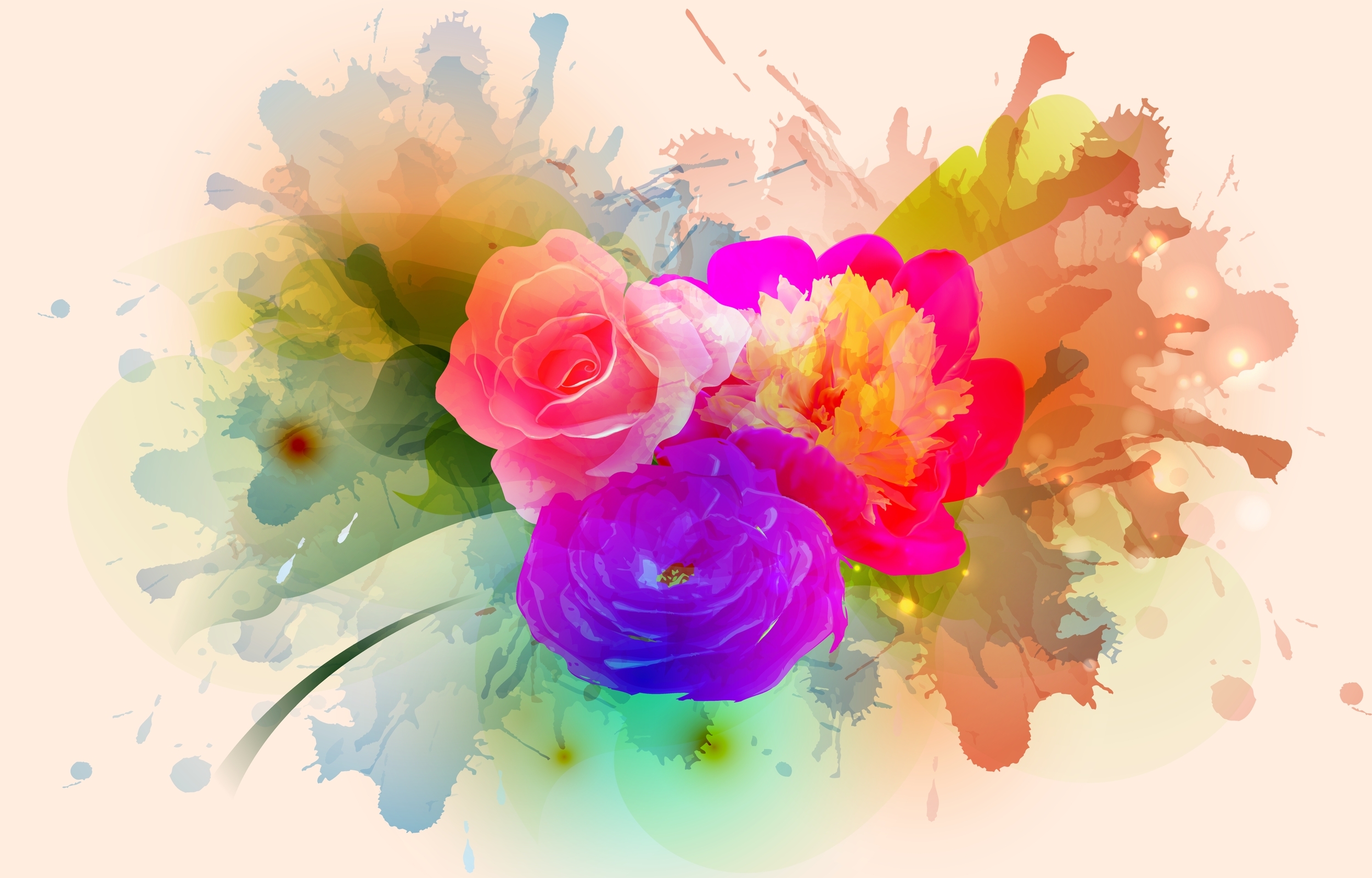 Colorful bouquet featuring pink roses, vibrant peonies, and purple ranunculus against a soft, abstract background.