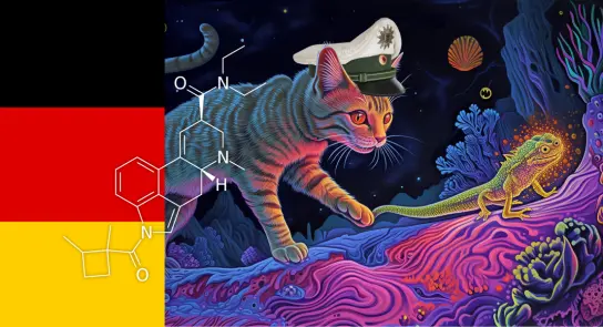 A colorful cat in a military hat explores a vibrant underwater scene alongside a lizard, with a German flag and chemical s...