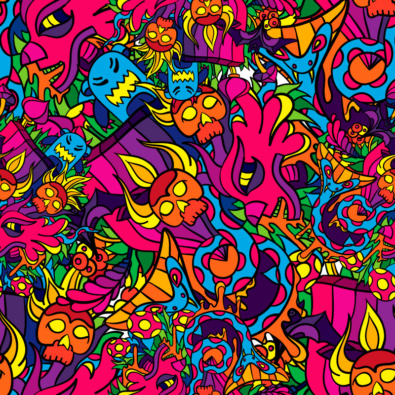 Colorful, chaotic pattern featuring skulls, flowers, and whimsical creatures in vibrant hues of pink, blue, and green.