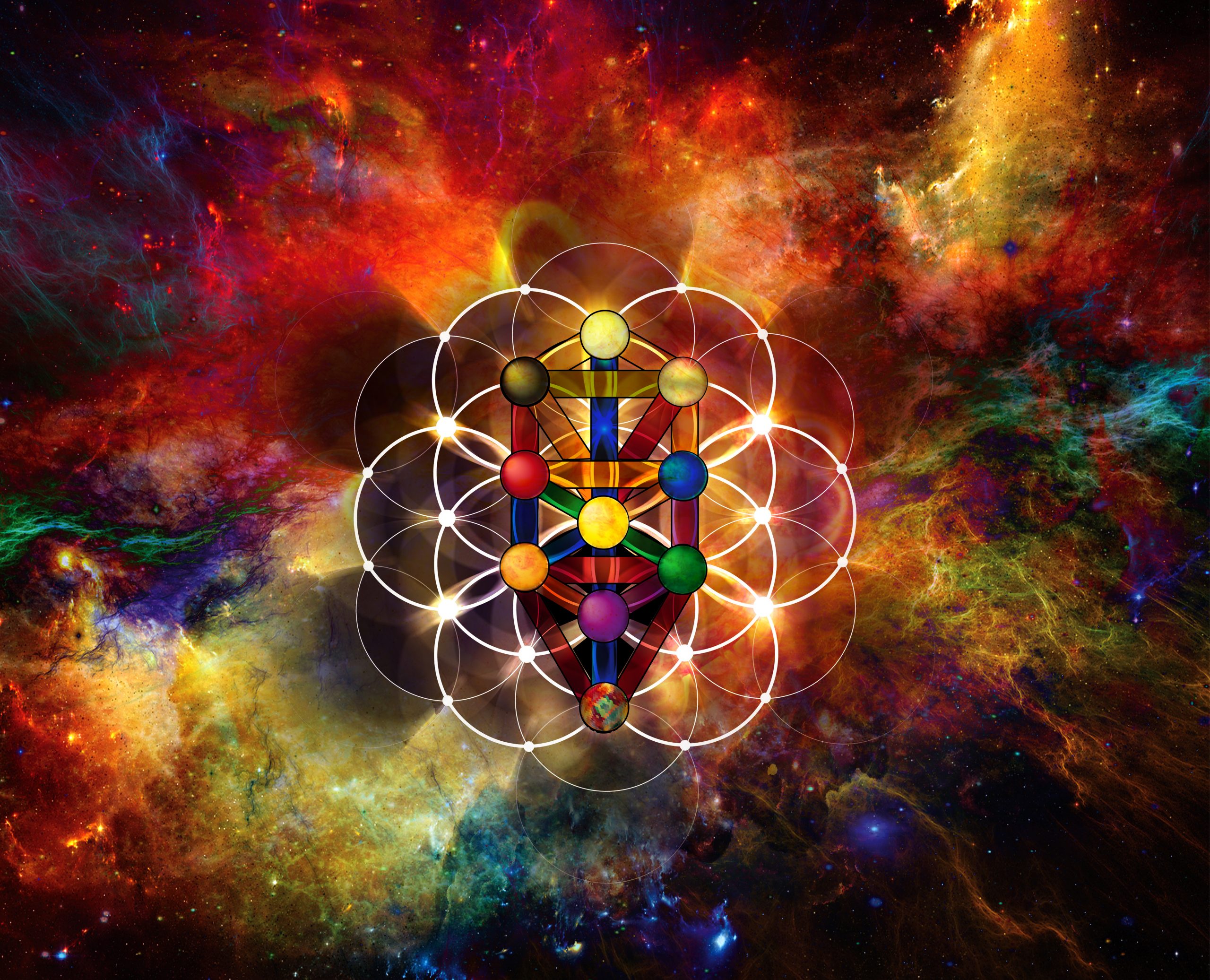 Colorful cosmic background with a central geometric design featuring circles and vibrant chakra-like symbols.