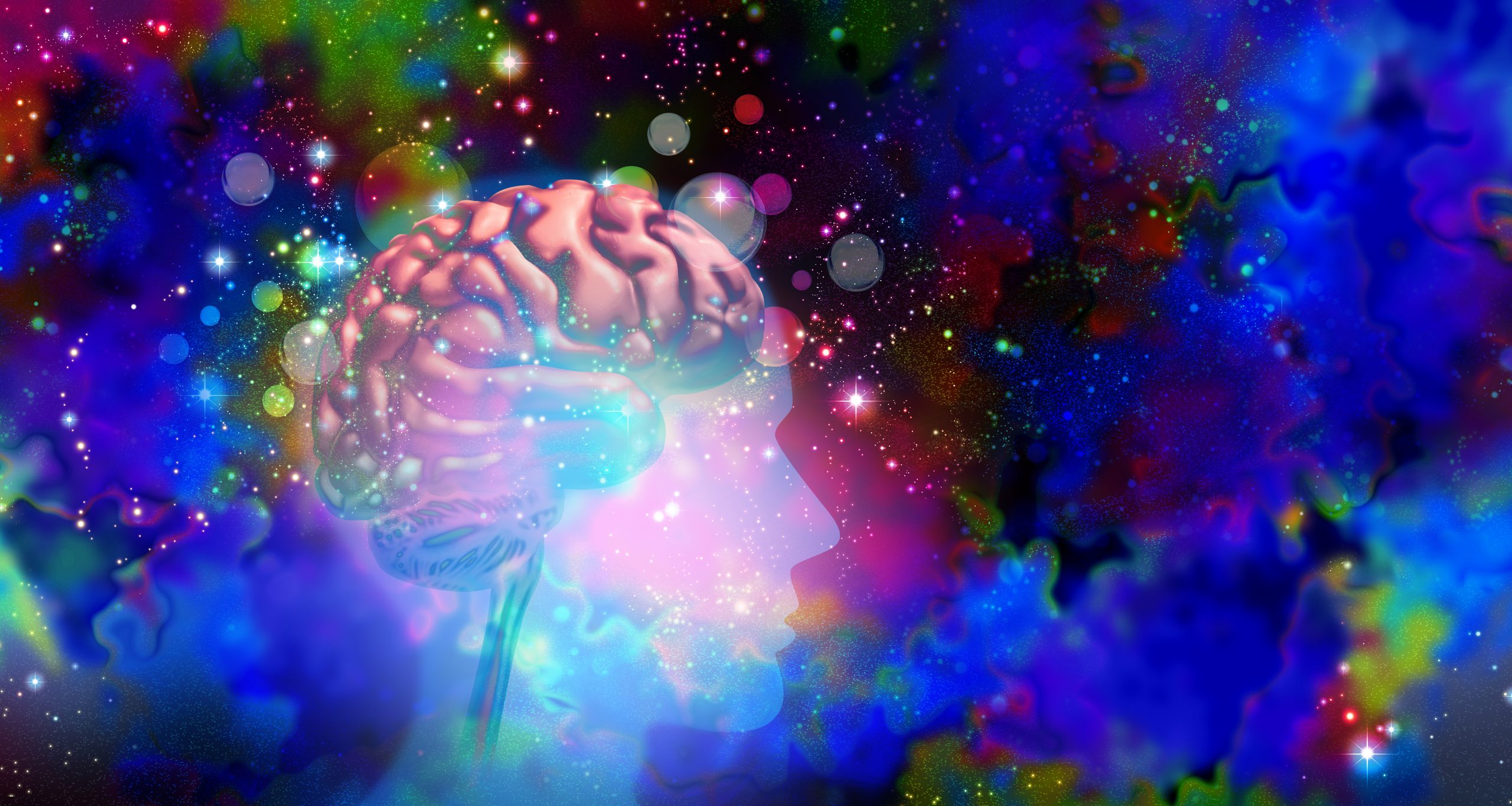 A colorful, cosmic background with a translucent brain silhouette, symbolizing creativity and consciousness.