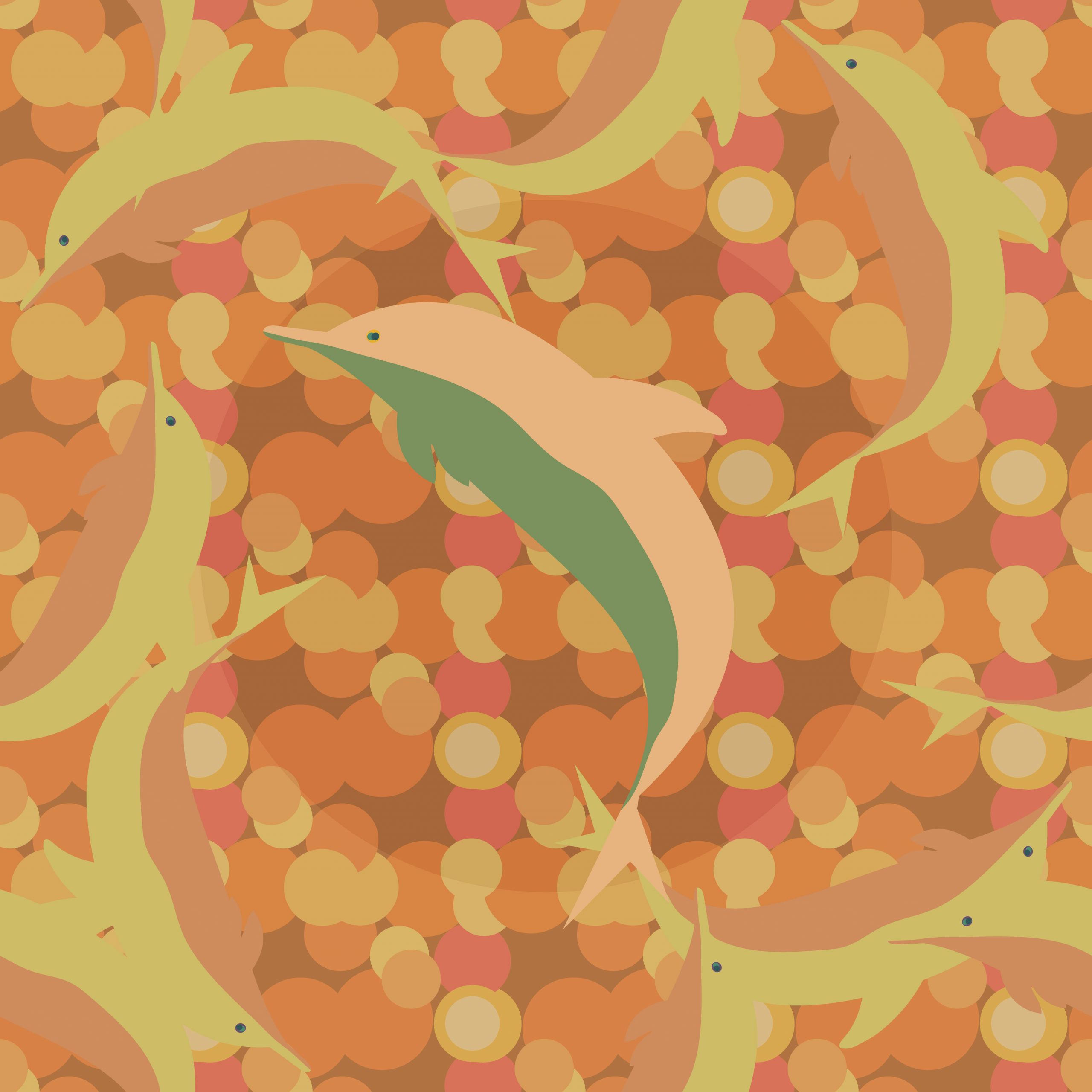 Colorful dolphins swim among abstract orange and yellow circles, creating a vibrant underwater scene.