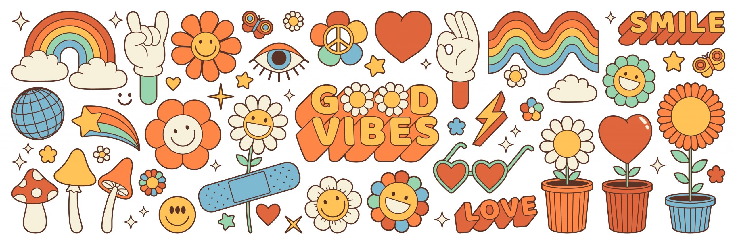 Colorful doodles featuring flowers, rainbows, hearts, and playful phrases like "Good Vibes" and "Smile.