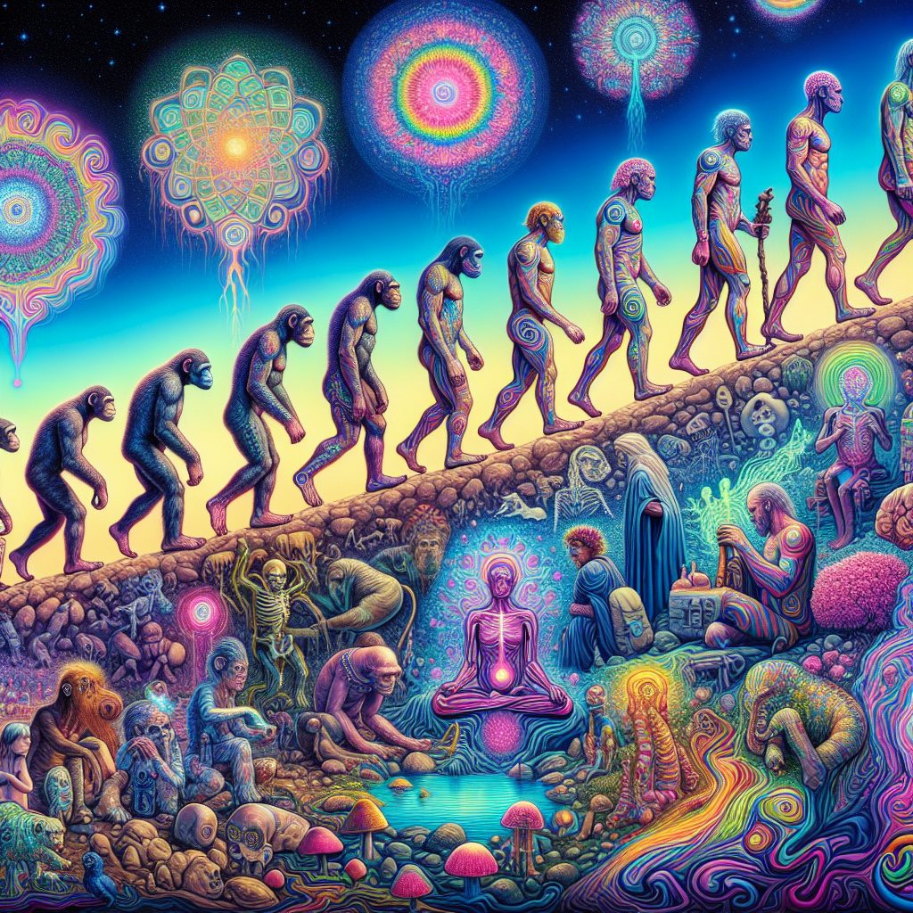 Colorful evolution scene depicting humanoid figures progressing through various stages, surrounded by mystical elements an...