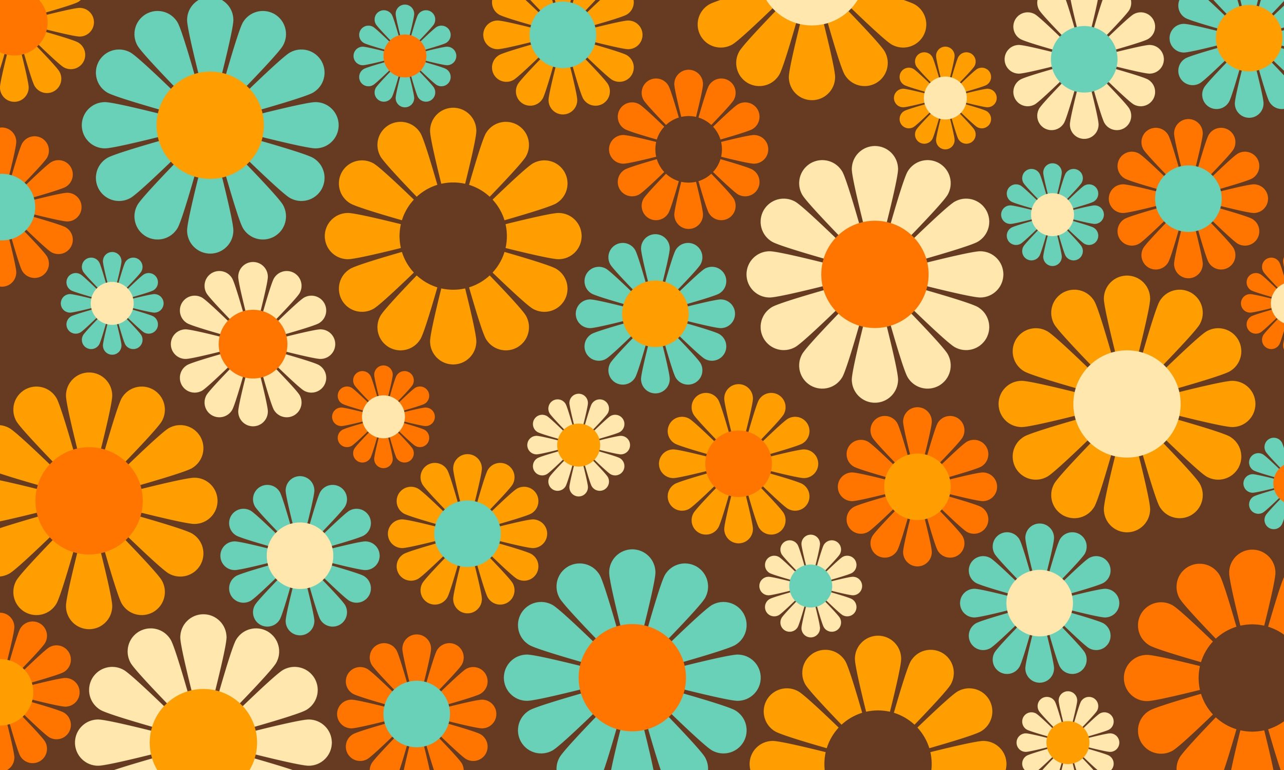 Colorful floral pattern featuring large orange, blue, and cream daisies against a brown background.