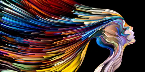 Colorful, flowing strands of hair emerge from a stylized human profile against a black background, creating a dynamic effect.