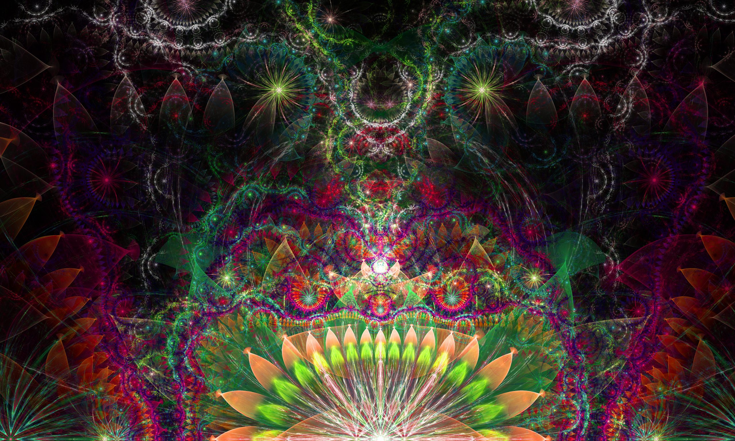 Colorful fractal design featuring intricate patterns and vibrant floral motifs against a dark background.