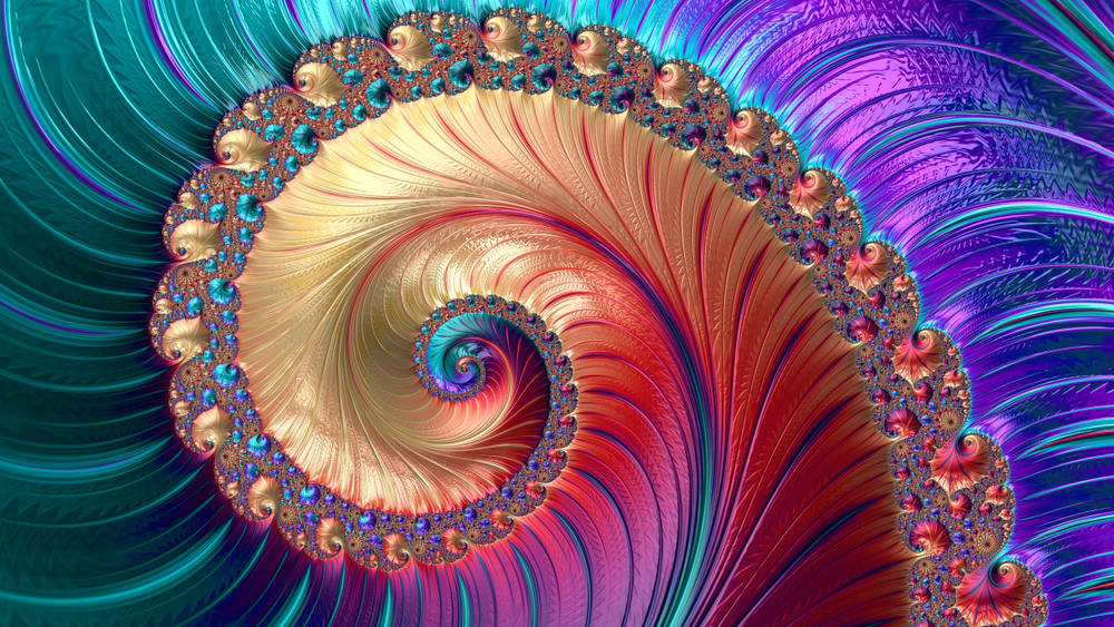 Colorful fractal spiral with intricate golden patterns and vibrant shades of purple, teal, and red.