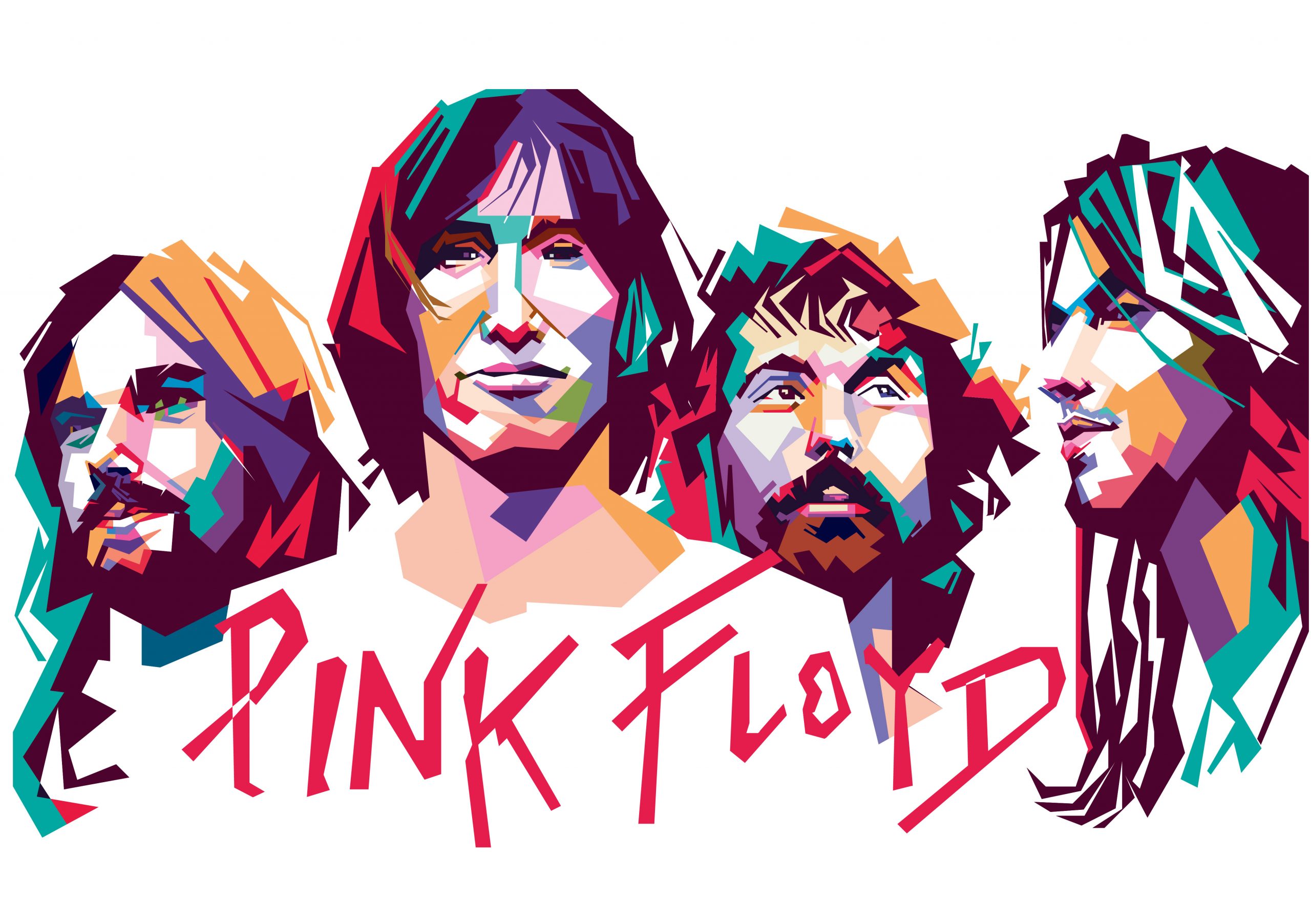 Colorful geometric illustration of the band Pink Floyd, featuring stylized portraits of the members.