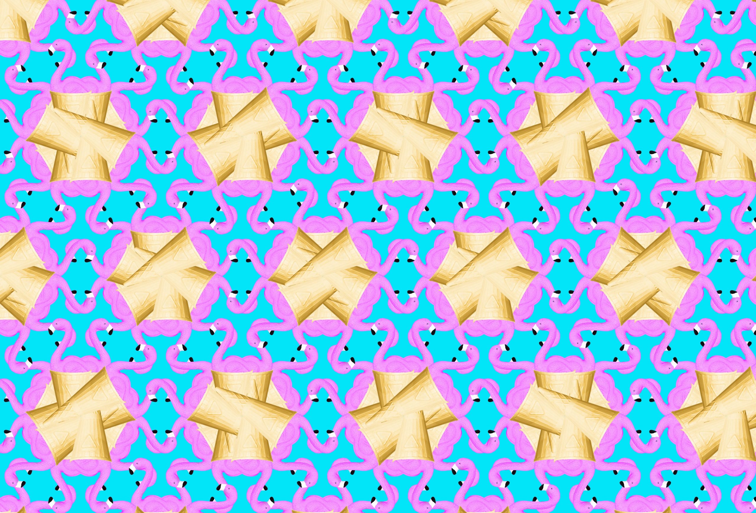 Colorful geometric pattern featuring pink and blue shapes interwoven with golden elements, creating a vibrant design.