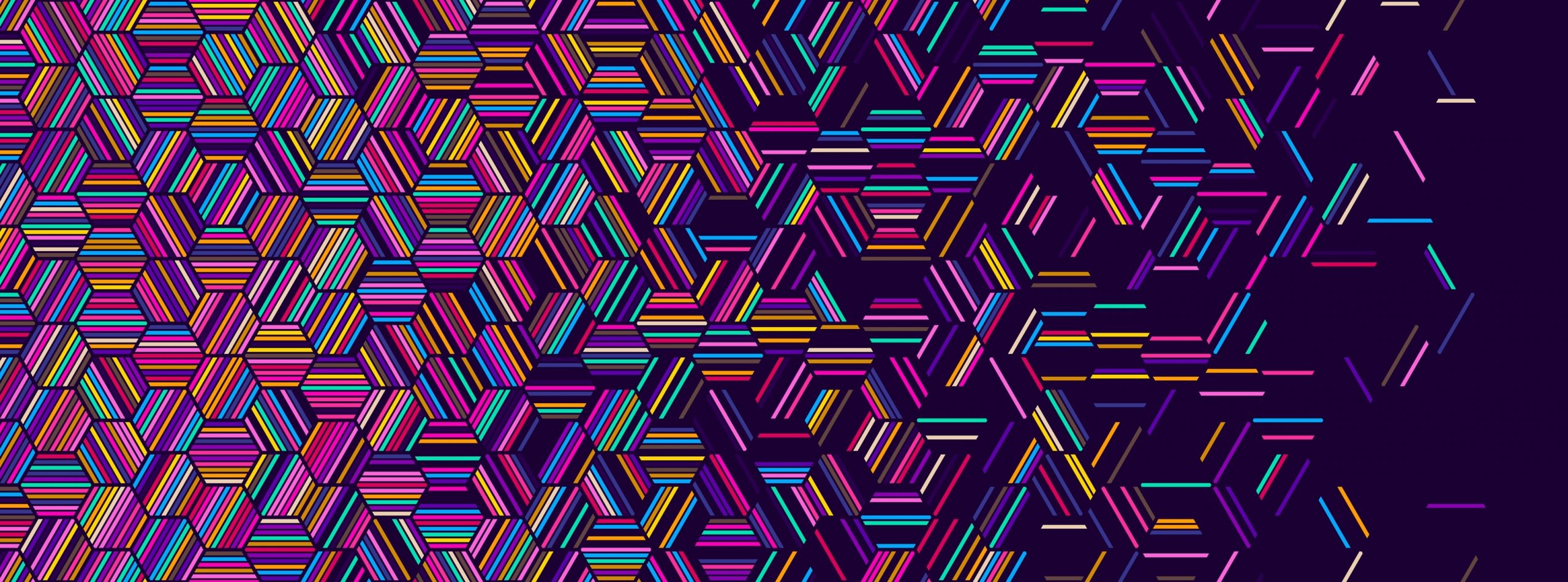 Colorful hexagonal patterns with vibrant lines in shades of pink, purple, blue, and yellow against a dark background.