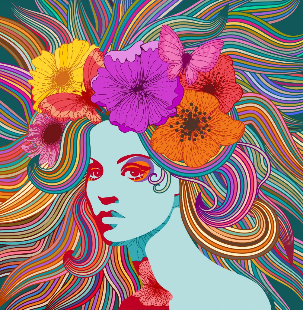 Colorful illustration of a woman with vibrant, flowing hair adorned with bright flowers and butterflies.