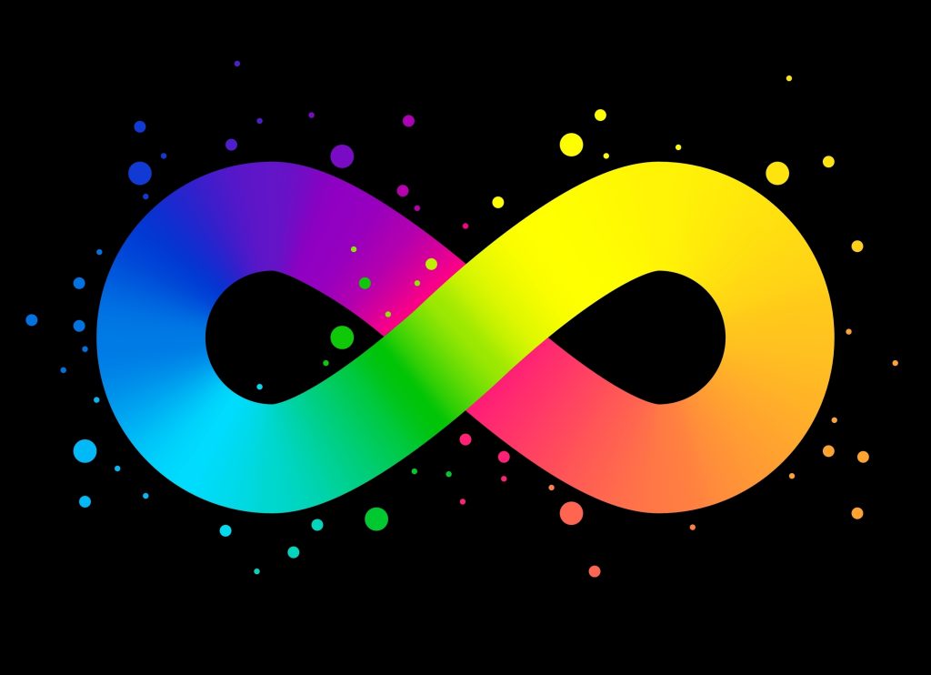 Colorful infinity symbol with a gradient of blue, purple, pink, yellow, and green against a black background, surrounded b...