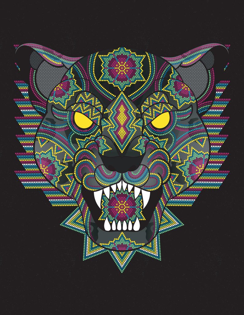 Colorful, intricate design of a panther's face with bold patterns and glowing yellow eyes against a black background.