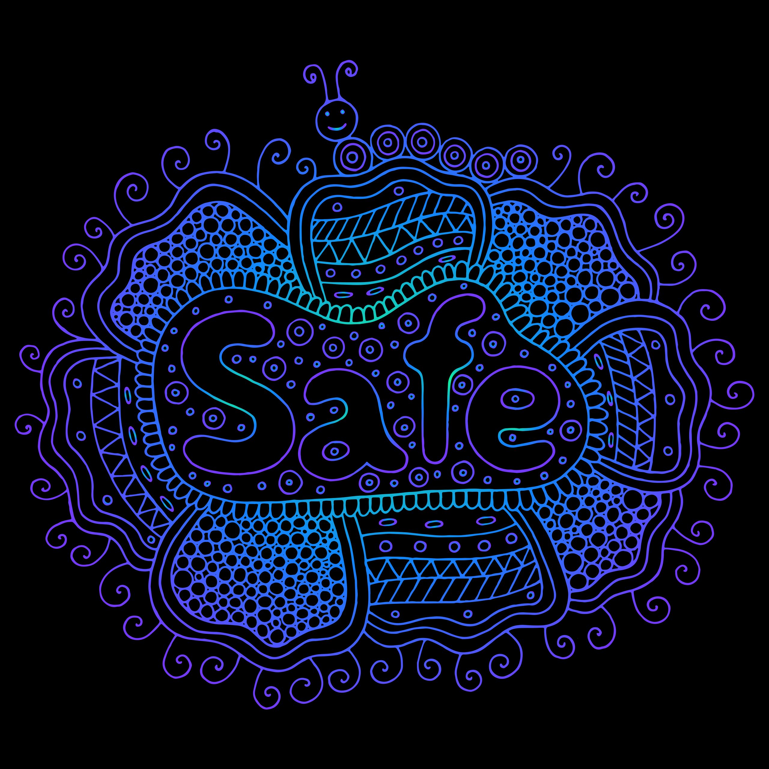 Colorful, intricate doodle design featuring the word "Safe" surrounded by floral patterns and whimsical elements on a blac...