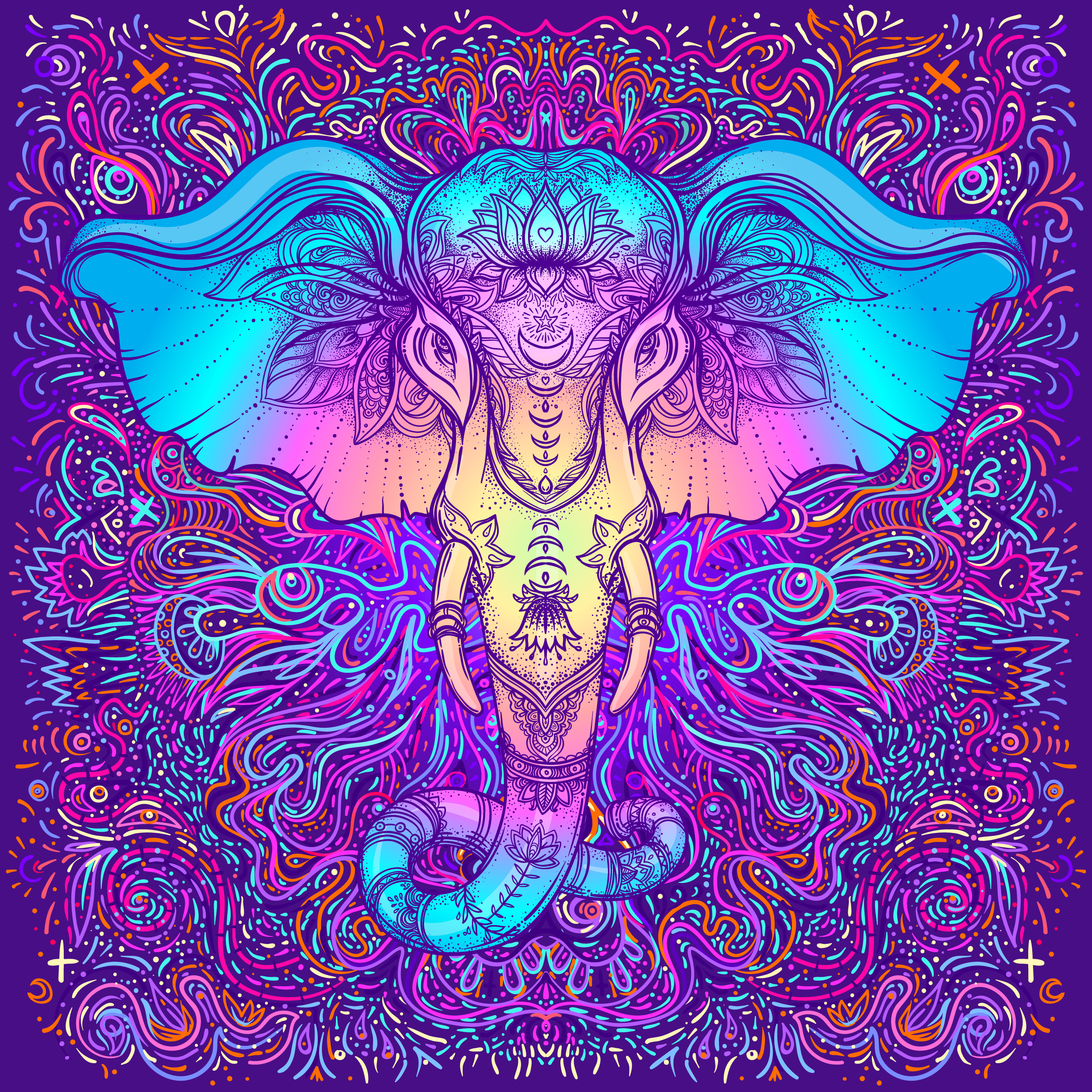 Colorful, intricate illustration of an elephant with ornate patterns and vibrant hues, set against a psychedelic background.