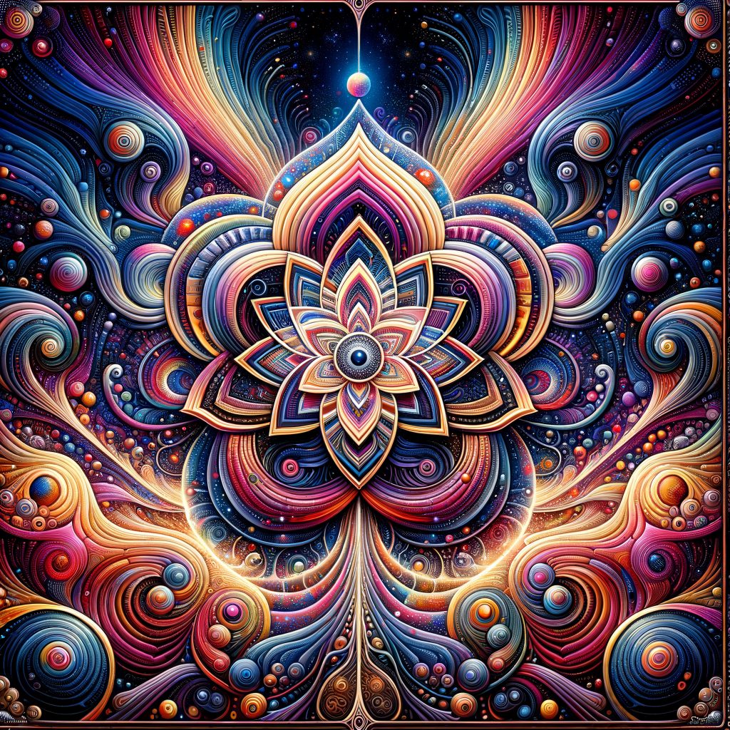 Colorful, intricate mandala design with swirling patterns and a central flower, radiating vibrant hues against a dark back...