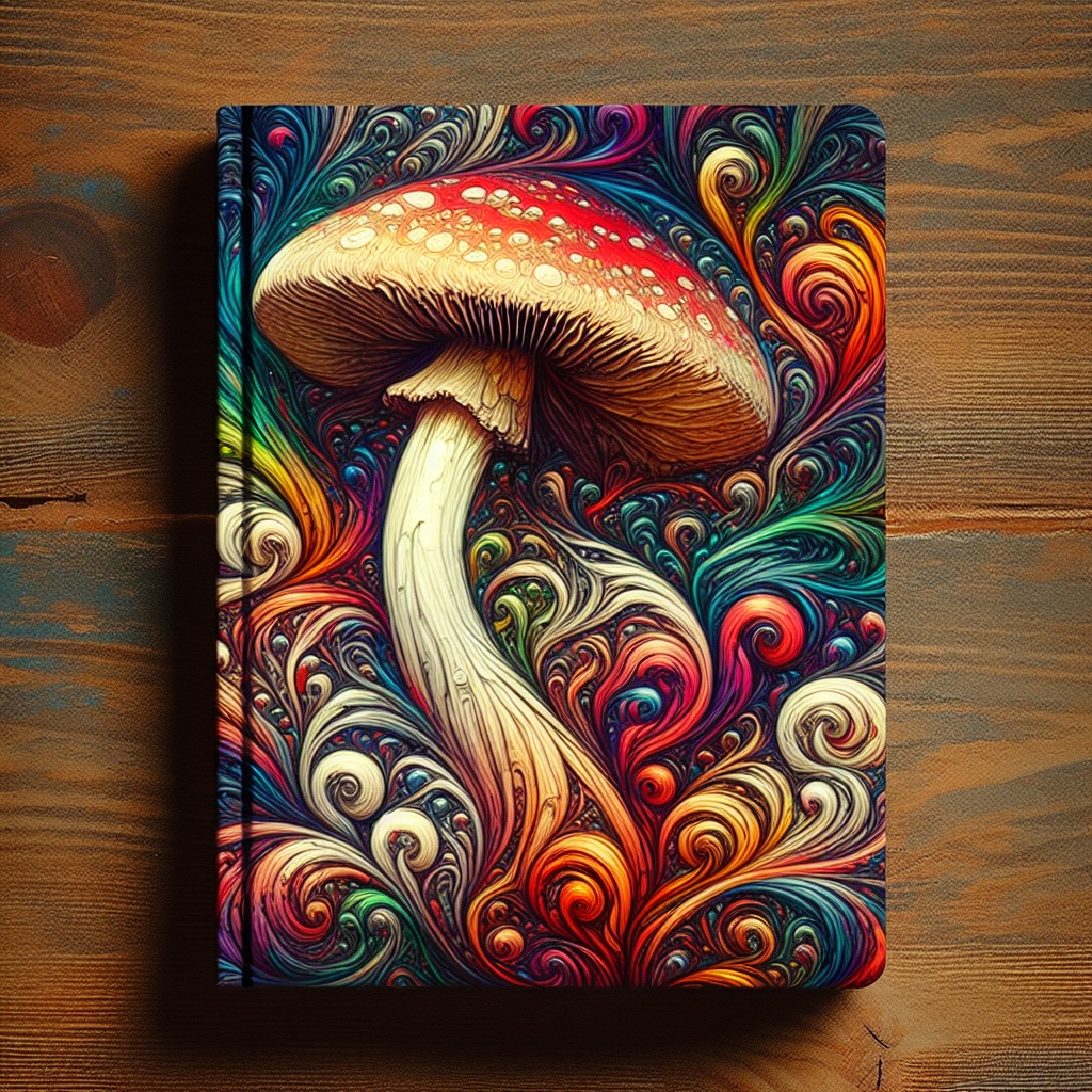 Colorful, intricately designed mushroom with a vibrant swirl pattern on a wooden surface.