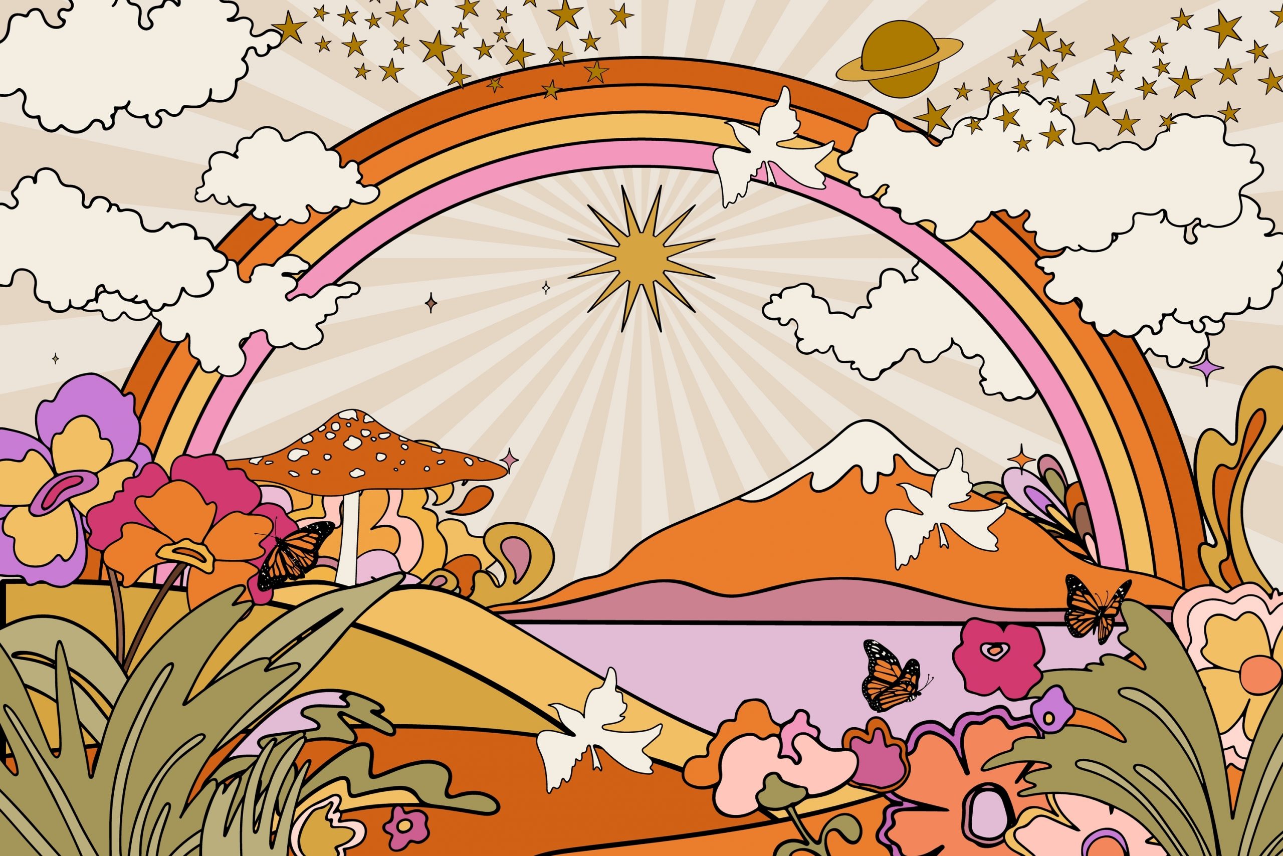 Colorful landscape featuring a rainbow, mountains, flowers, butterflies, and whimsical clouds under a sunburst.