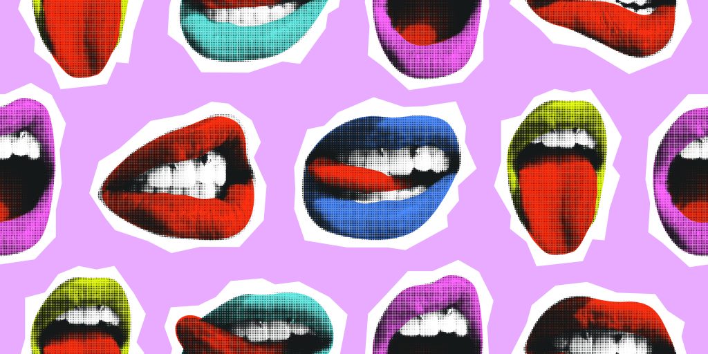 Colorful lips in various shades, some sticking out tongues, arranged in a playful pattern on a pink background.