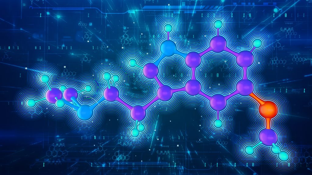 Colorful molecular structure with glowing spheres and interconnected lines, set against a digital, tech-inspired background.