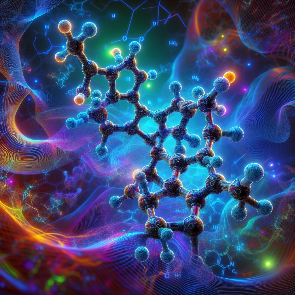 Colorful molecular structure surrounded by abstract patterns and glowing particles, representing scientific discovery.