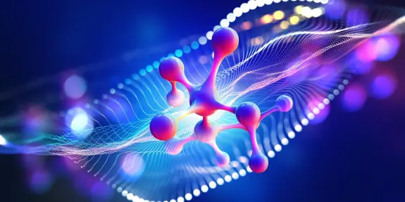 Colorful molecular structure surrounded by glowing waves and lights, set against a deep blue background.