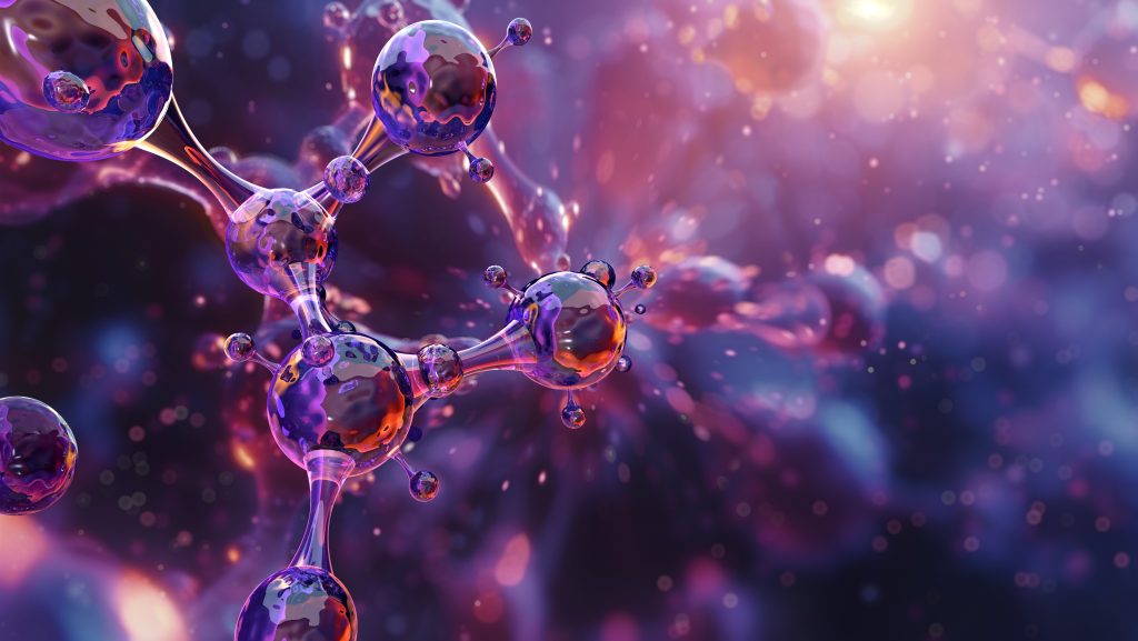 Colorful molecular structures with glowing orbs against a blurred, shimmering background.