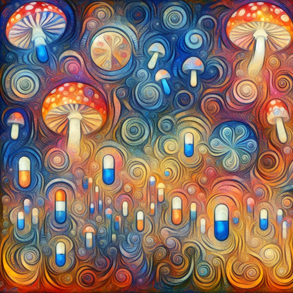 Colorful mushrooms and capsules swirl together in a vibrant, abstract composition of blues, reds, and yellows.