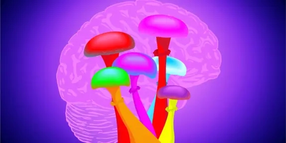 Colorful mushrooms with vibrant caps stand against a faint outline of a brain, set on a purple background.